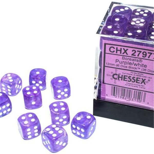Time2Play 12 mm D6 Cube Borealis Luminary Dice, Purple with White Numbers, 36PK TI3296546 - main